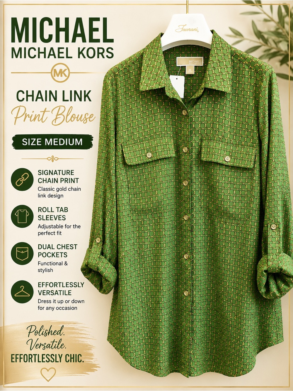 MICHAEL Michael Kors Green Chain-Link Print Button Down Blouse Gold Label
